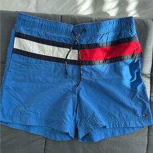 Tommy Hilfiger Blue Swim Trunks with Red and White Stripes